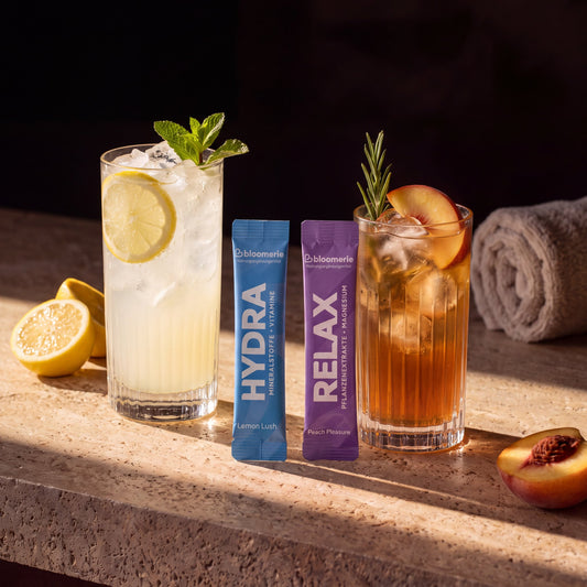 HYDRA und RELAX Sticks mit Zitronen- und Pfirsich-Drink an der Bar